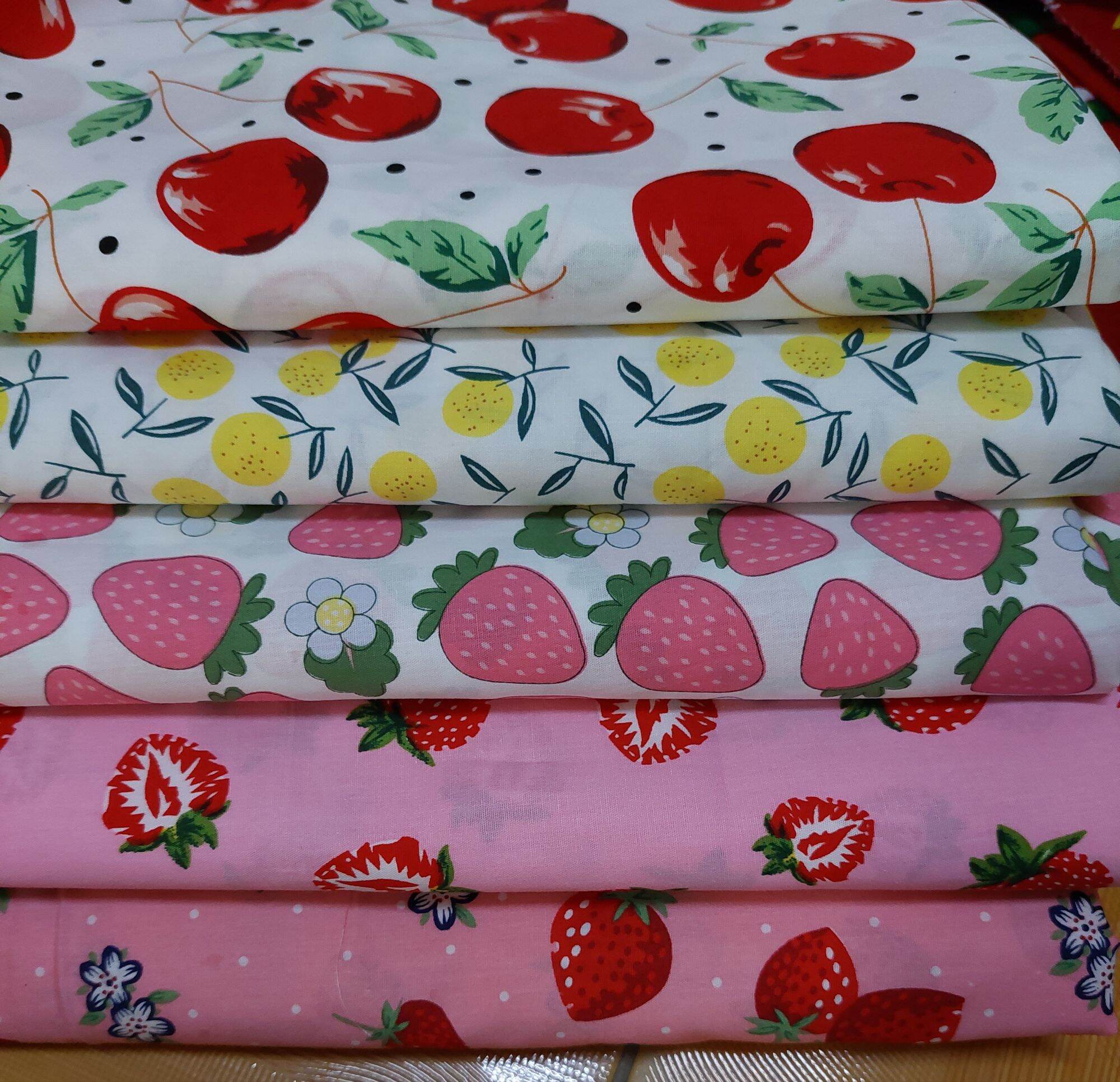 Vải thô cotton họa tiết trái cây, khổ vải 1m5