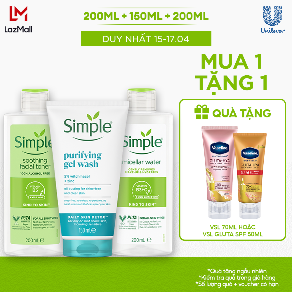 Combo Simple Tẩy trang Micellar 400ml hoặc 200ml/Sữa dưỡng ẩm 125ml + Sữa rửa mặt 150ml + Nước hoa hồng 200ml ngừa mụn hiệu quả [CHÍNH HÃNG ĐỘC QUYỀN]