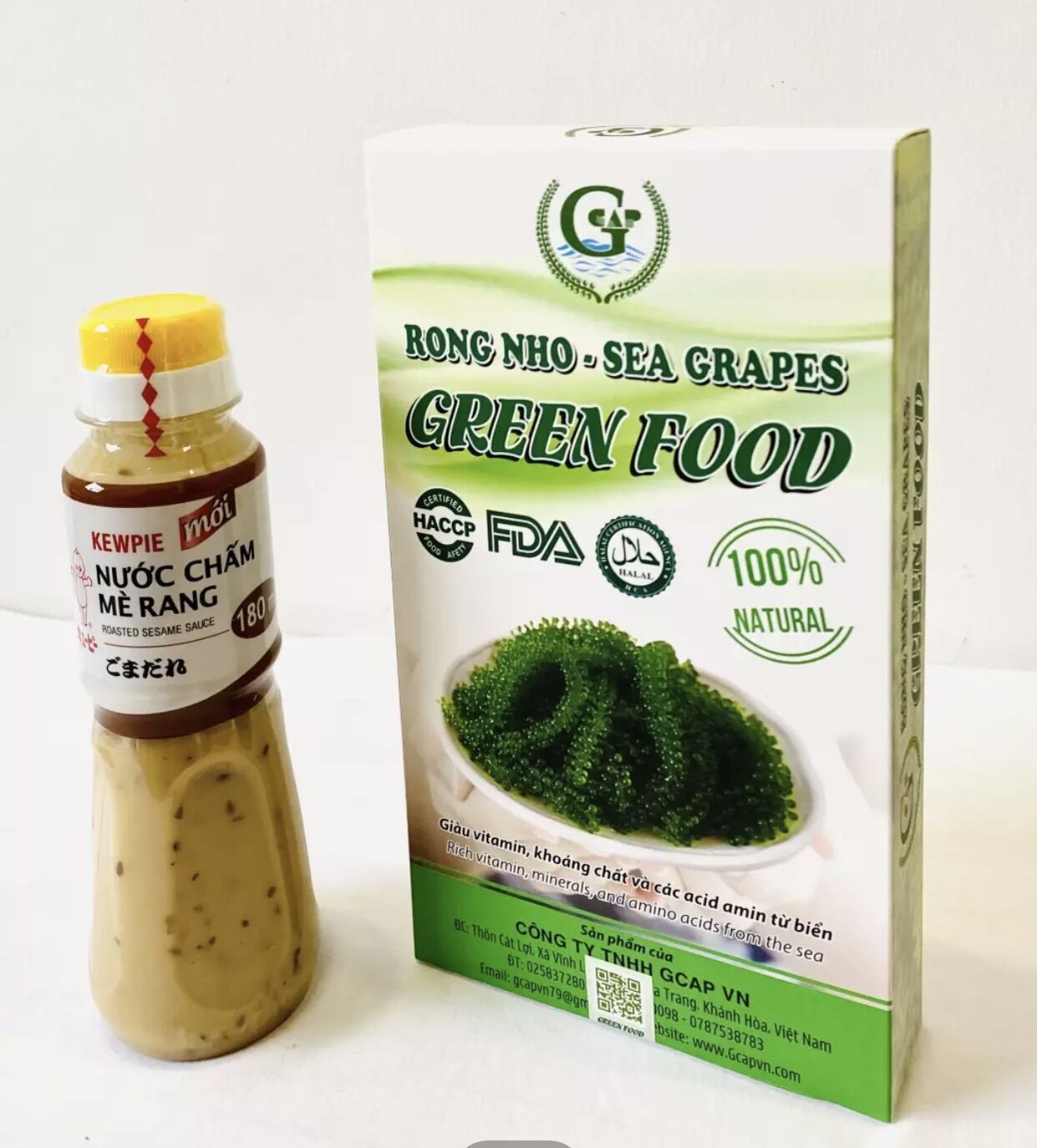 Combo Rong nho Tách nước Green Food Hộp 100gr (5 túi ) + 1 chai nước chấm 180ml mè rang