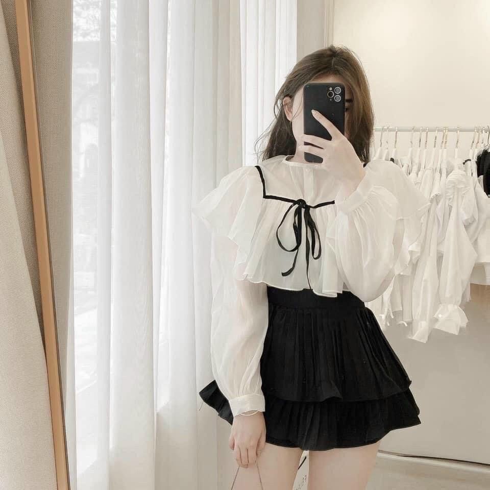 áo sơ mi bèo tay bồngchất vải voan mềm mại đẹp phom từ 38-55 ký vừa nhé