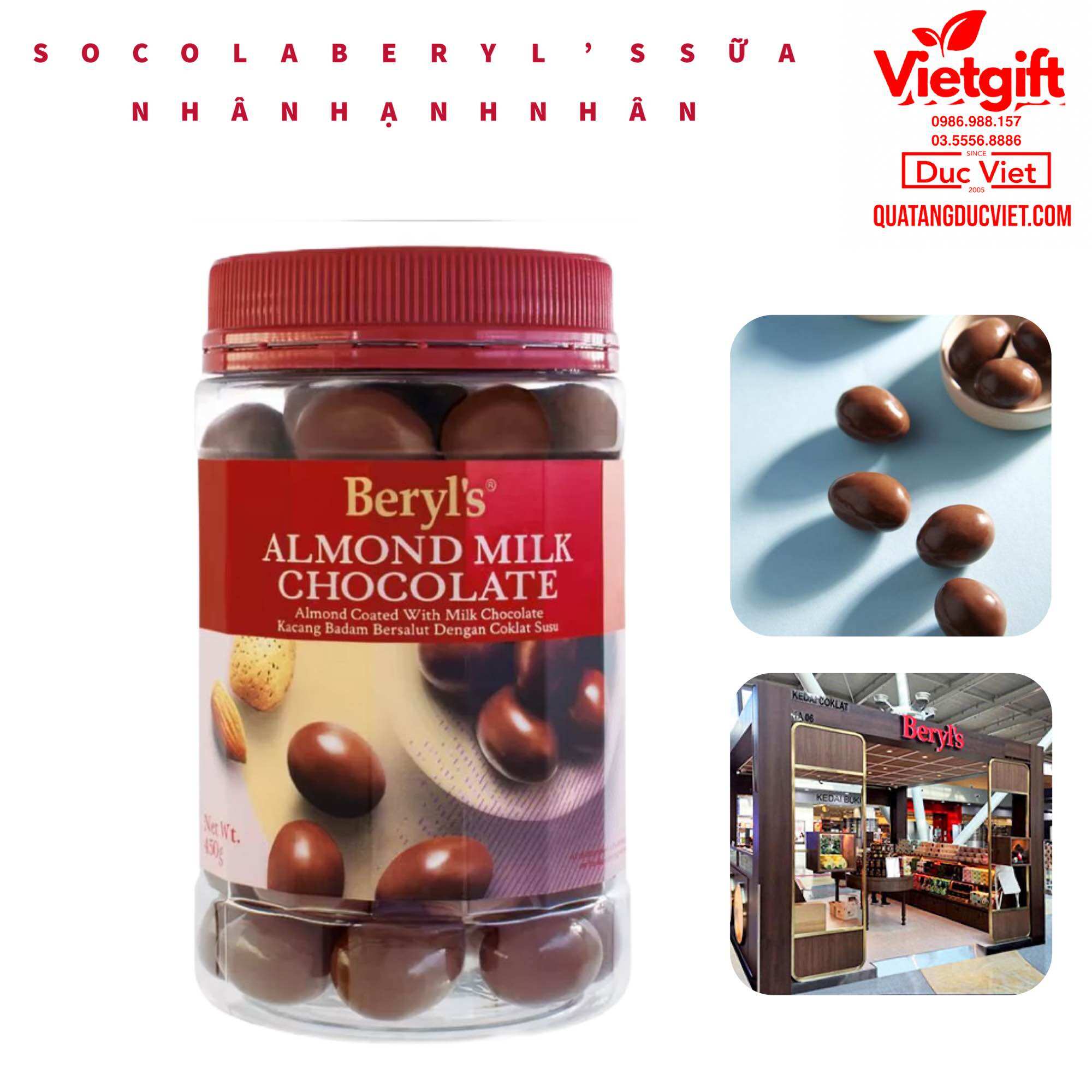 Socola Beryl’s Malaysia 450G milk choco- socola sữa nhân hạnh nhân