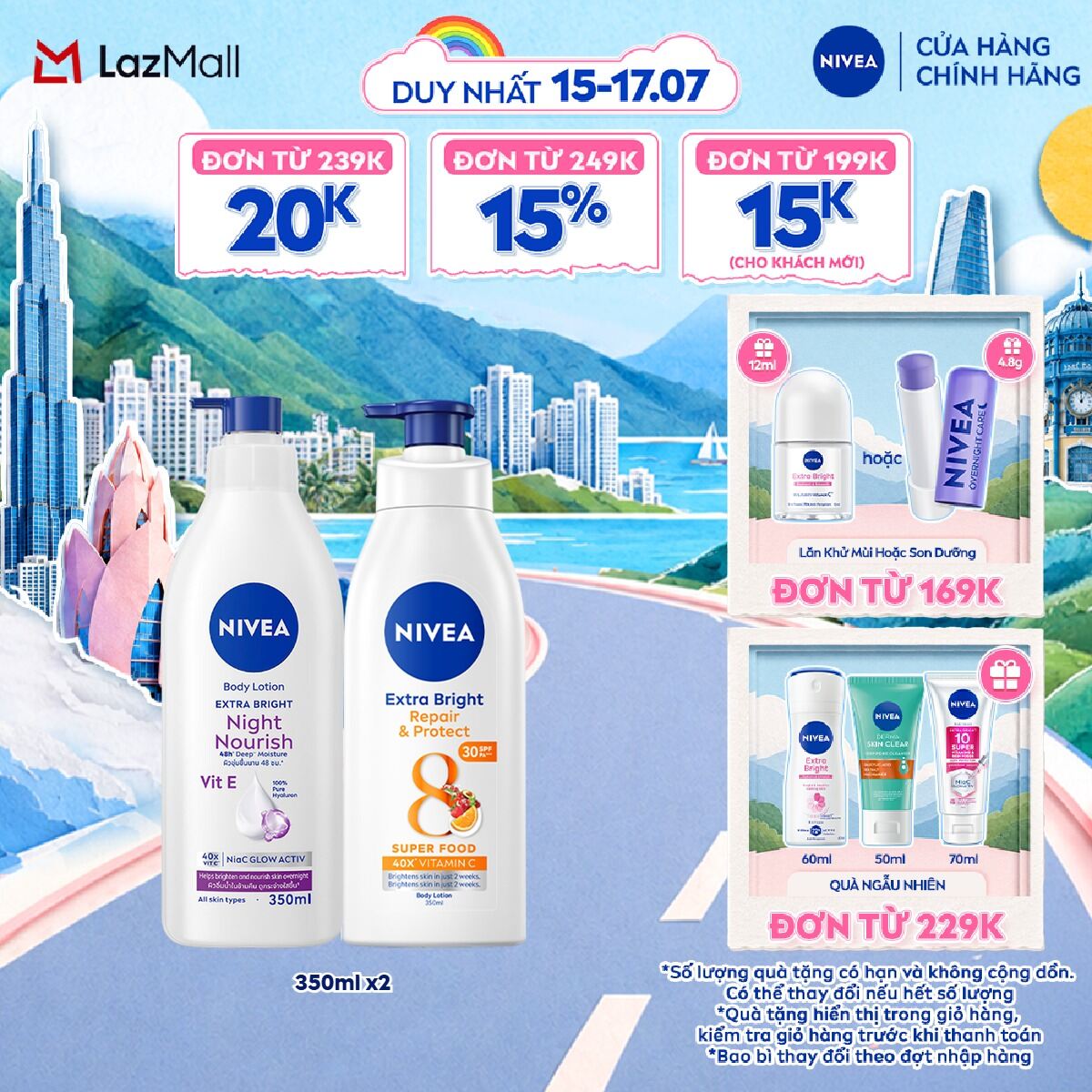 Bộ 02 Sữa Dưỡng Thể NIVEA Dưỡng Sáng Mịn Da Ban Đêm | Phục Hồi  Chống Nắng Ban Ngày (350ml x2) - 98412+88311