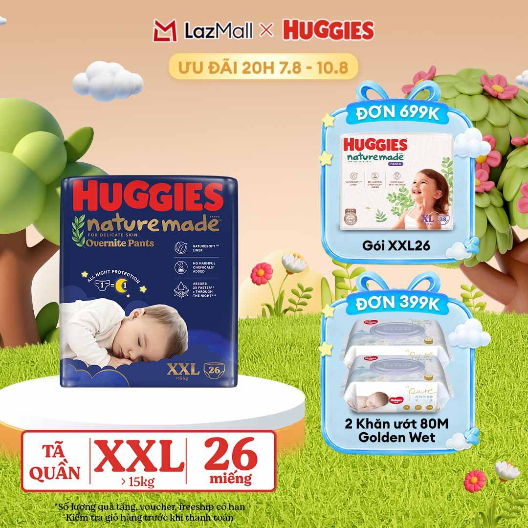 [20h 7-10.8 QUÀ TẶNG ĐƠN 399K] Tã quần Huggies Naturemade ban đêm XXL26