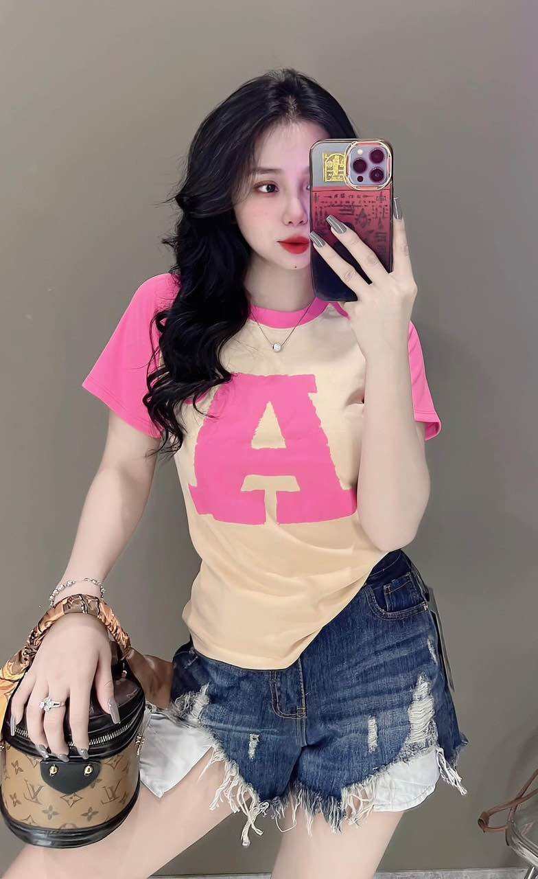 Áo thun dáng ôm nữ tay ngắn phối màu tay chữ nổi