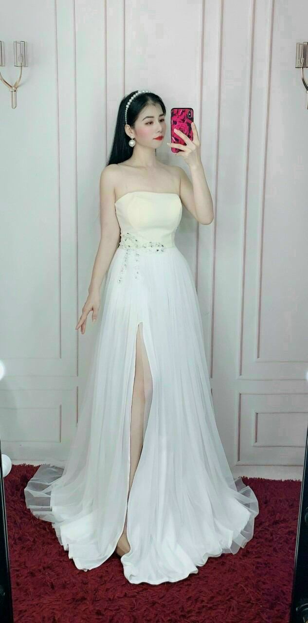 ĐẦM NHUNG CÚP NGỰC XẺ ĐÙI KẾT NƠ ĐÁ (hình thật)