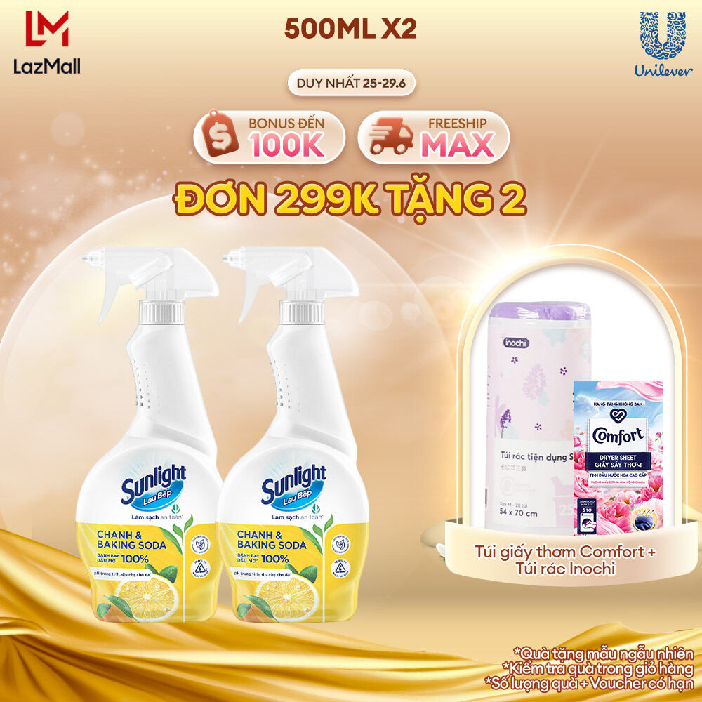 Combo 2 Chai Nước lau bếp Sunlight Chanh & Baking soda|Phiên bản nâng cấp từ Cif|Đánh bay 100% dầu mỡ|Chai 500ml