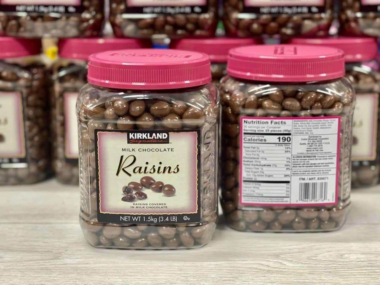 Socola Kirkland Milk Raisins, 1,5kg bọc nho nắp hồng