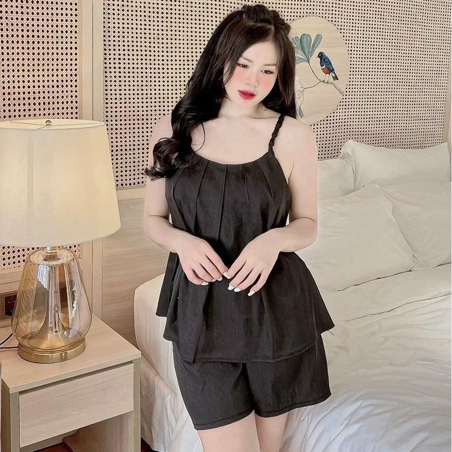 [HCM]Đồ bộ ngủ 2 dây phi lụa đùi ngắn dễ thương cho nữ