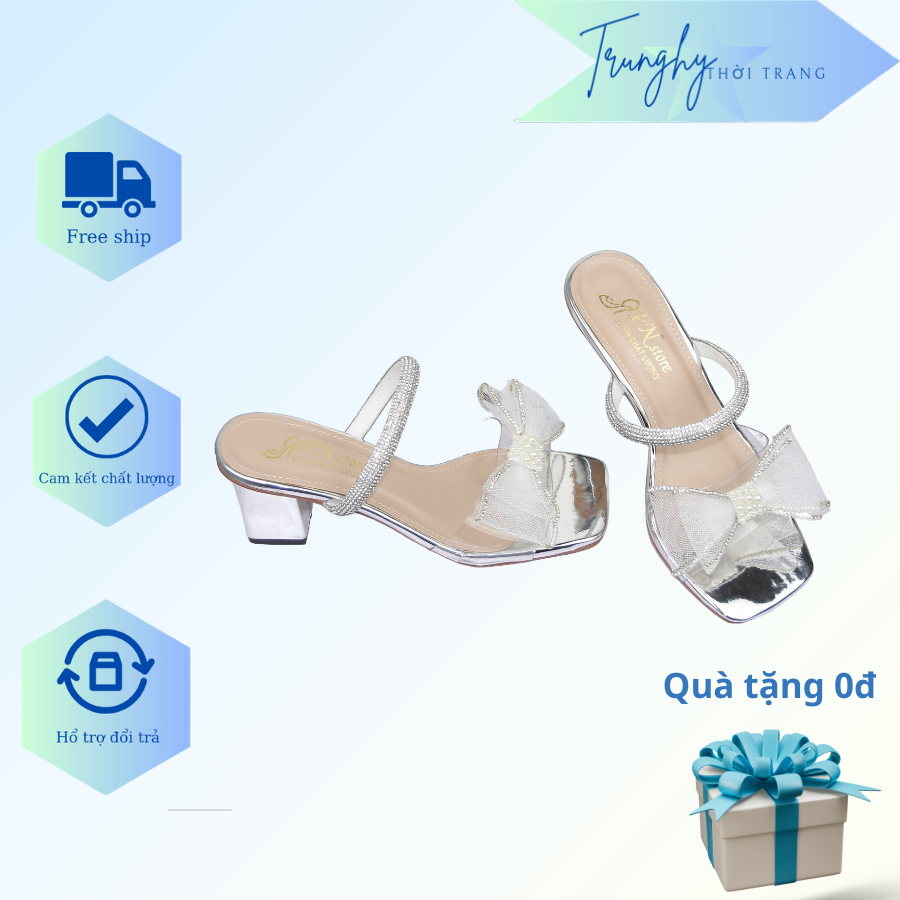 Dép guốc cao gót nữ 5p, guốc cao gót đính đá sang chảnh