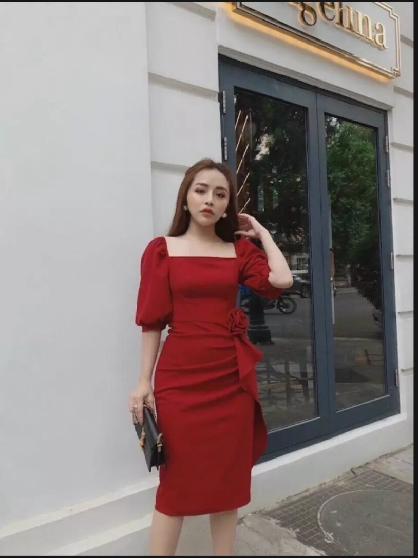 Đầm body nữ phối cổ vuông sang trọng, tay phồng, nơ chít eo