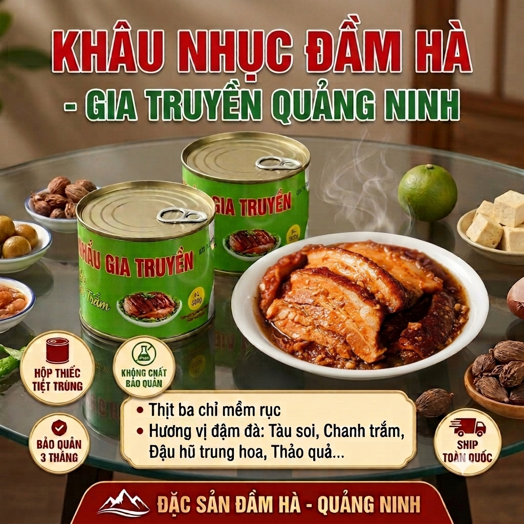 Khâu nhục đầm Hà Quảng Ninh hộp thiếc 500g | - Hương vị đậm đà | - Thịt ba chỉ mềm rục | - Đậu hũ trứng hoa, thảo quả | - Hộp thiếc tiện lợi | - Bảo quản 3 tháng