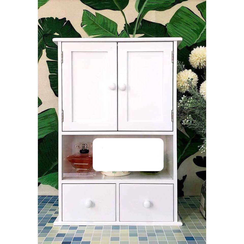 Tủ thuốc treo tường bằng gỗ màu trắng Tủ y tế để bàn có kiếng lùa 2 hộc Phuong Lâm 00800PL