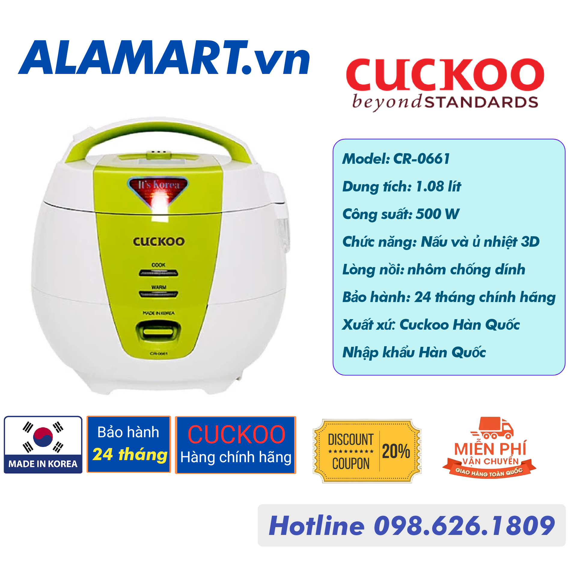 [HCM]Nồi cơm điện Cuckoo 1.08 lít CR-0661 (nhập khẩu Hàn Quốc) Lá