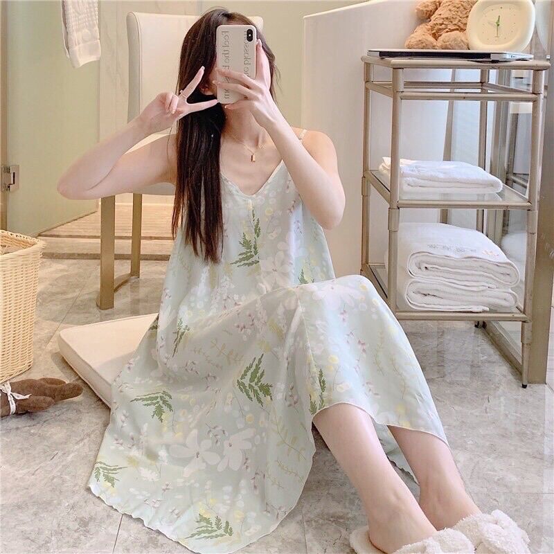 (Mới) Váy mặc nhà, váy bầu chất lanh lụa siêu mềm mát, hoạ tiết dễ thương