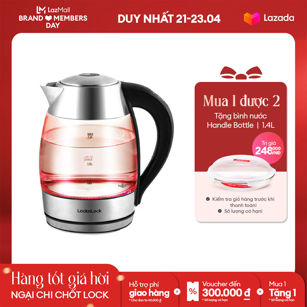Ấm đun nước thủy tinh chịu nhiệt cao Lock&Lock (1.8L) - Đèn LED thông báo hiện đại - Thuỷ tinh cao cấp - Công suất 2200W - Đế xoay 360 Độ - Chính hãng - EJK341
