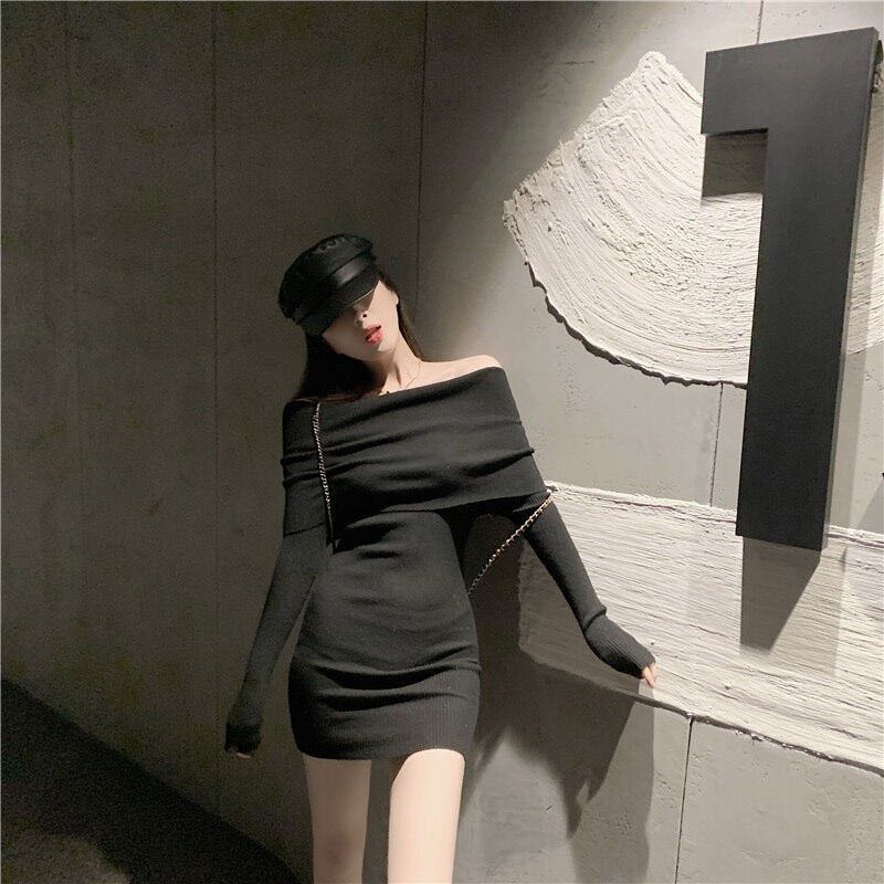 Đầm ôm bẹt vai sang chảnh len gân