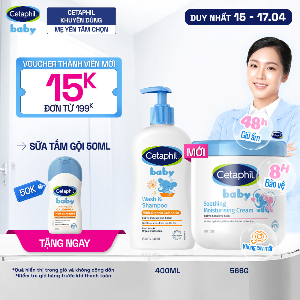 Combo Sữa tắm dưỡng ẩm dịu lành cho bé với Calendula hoa cúc hữu cơ CETAPHIL BABY WSHAMPOO CALENDULA 400ML  Kem làm dịu và dưỡng ẩm cho bé Cetaphil Baby Soothing  Moisturising Cream hũ 566g