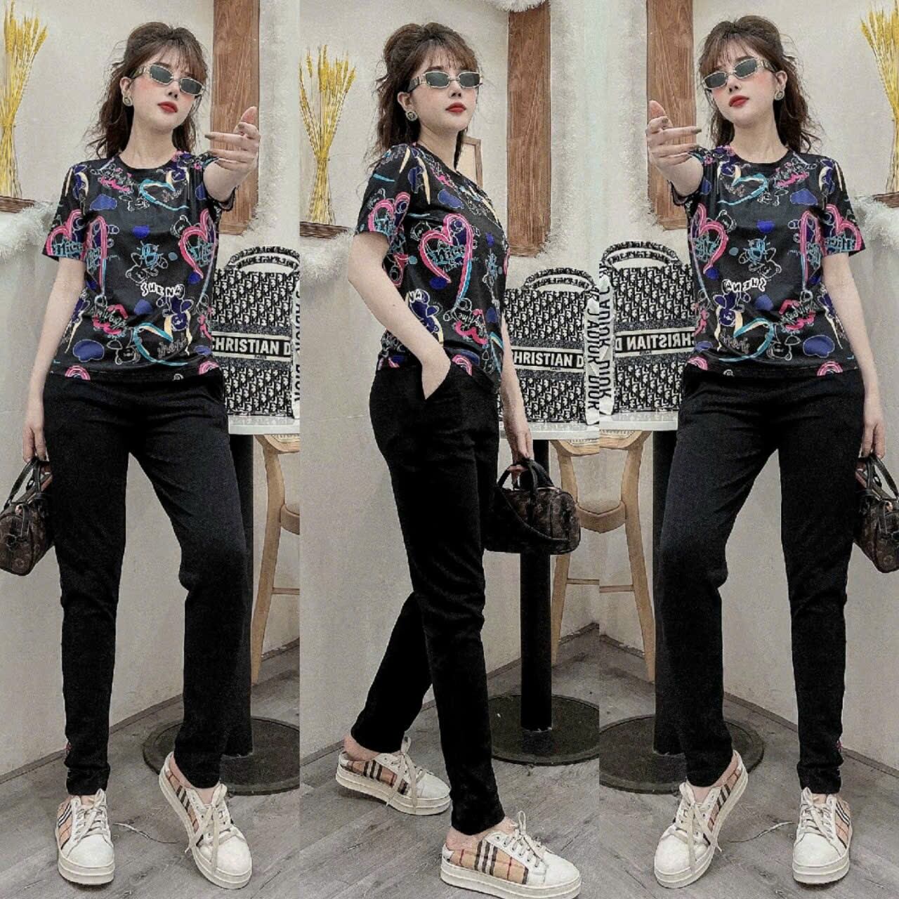 Bộ thun cotton lạnh họa tiết in 3D Tim kí tự