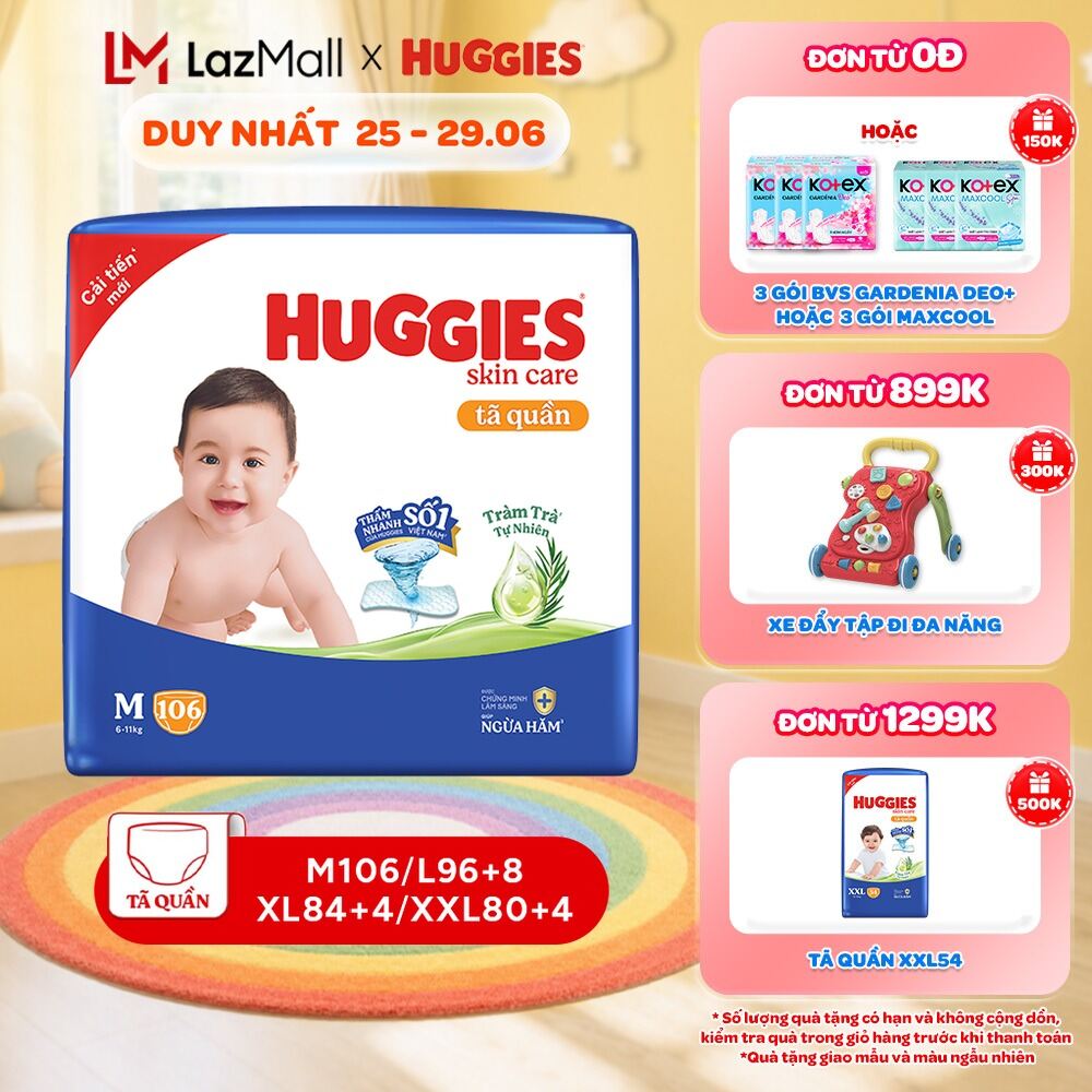 Tã quần Huggies Skincare Mega Jumbo M106/L100+4/XL84+4/XXL76+4 với tràm trà dịu da