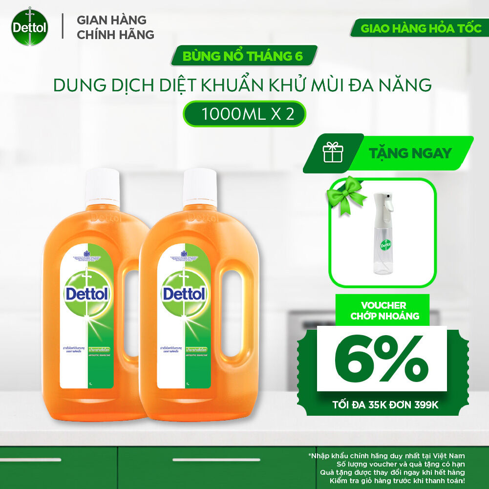 Combo 2 Chai Dung Dịch Diệt Khuẩn Khử Mùi Đa Năng Dettol, chai 1L