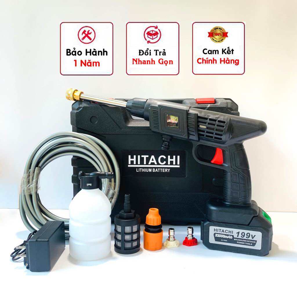 Máy Rửa Xe HITACHI Dùng Pin  199V - Xịt Rửa Siêu Khỏe - Hàng Lõi Đồng Không Chổi Than