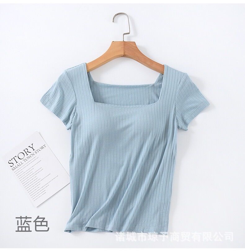 Áo thun cotton cổ vuông có lót ngực [ảnh thật]