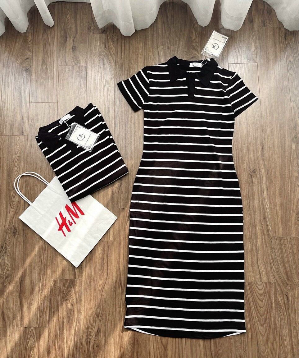 Váy polo kẻ ngang tôn dáng, váy kẻ HM dáng dài có cổ basic
