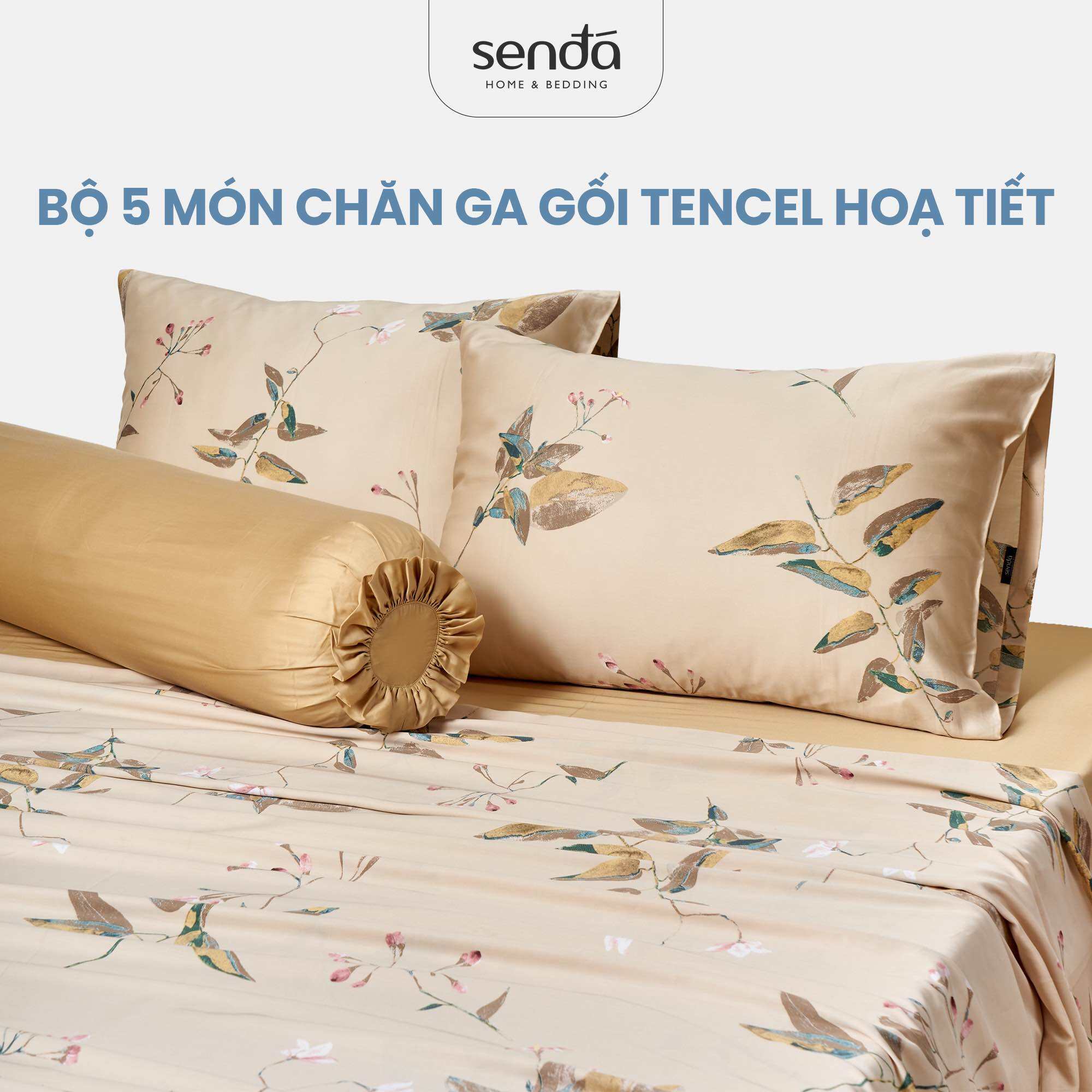 Bộ chăn ga gối 5 món Lụa Tencel Sen Đá Home Bedding họa tiết Set drap giường nệm 1m6 1m8 Lyocell Satin 60S