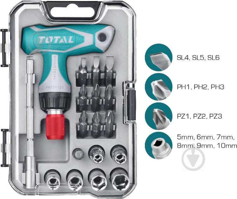 Bộ tua vít tự động tay cầm chứ t 24 chi tiết total / tacsd30186 / có hộp bảo quản / thép cr-v