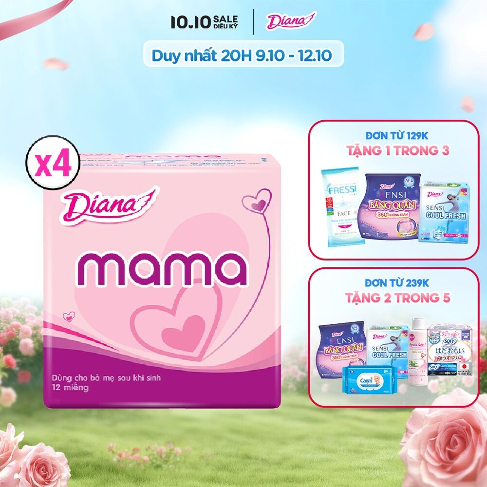 Bộ 4 gói Băng vệ sinh Diana Mama gói 12 miếng