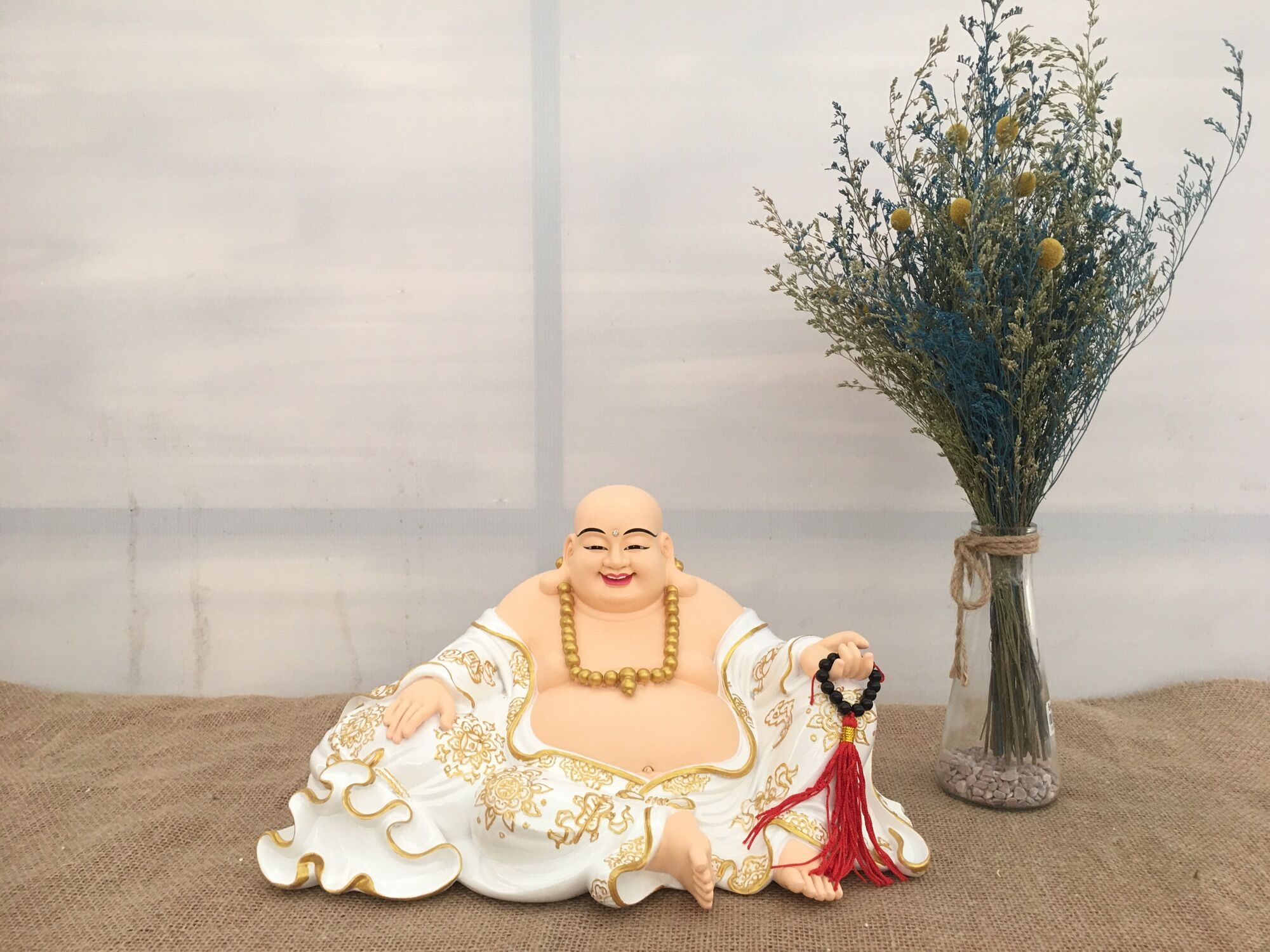 Tượng Phật di lạc ngồi cao 21 ngang 38cm Trắng/Xanh | Tượng Phật Hoa Tiên