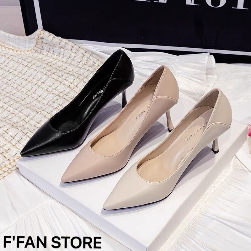Giày cao gót nữ mũi nhọn gót nhọn [DA THẬT ] 5 7 phân bít mũi màu đen hồng trắng, da mềm mại big size FFAN STORE