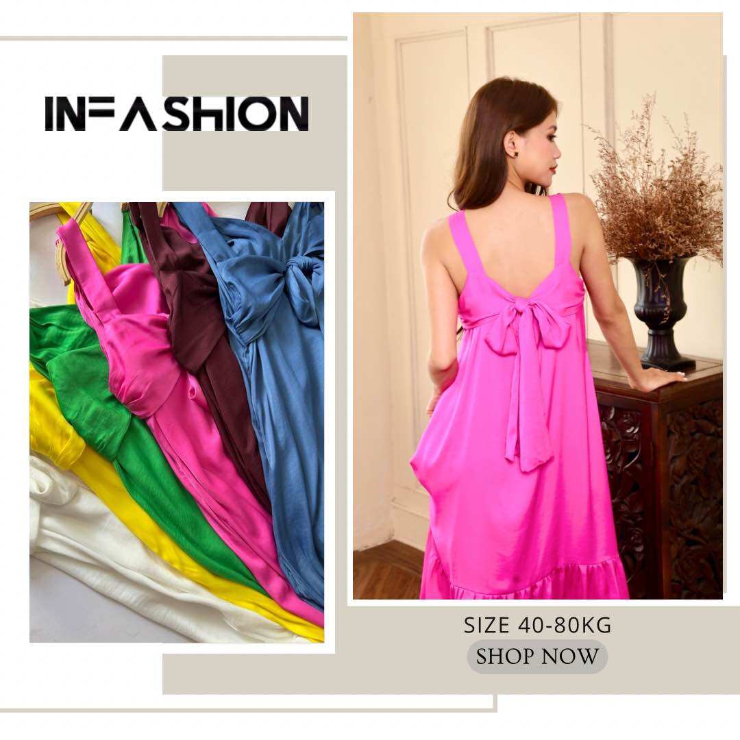 Đầm midi lụa đuôi cá dáng suông 2 lớp nhấn nơ lưng cách điệu Infashion