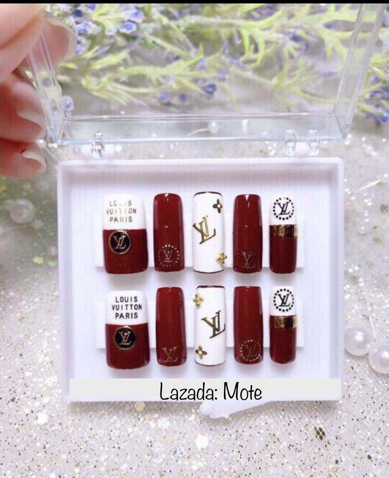 Móng tay úp nails thiết kế LV Nâu 2 & Đỏ đô - tặng keo và dũa