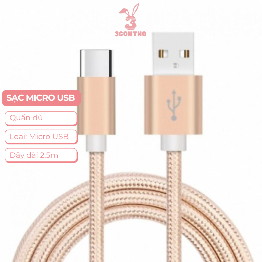 Dây sạc, cáp sạc Micro USB dài 2.5m dây bọc dù