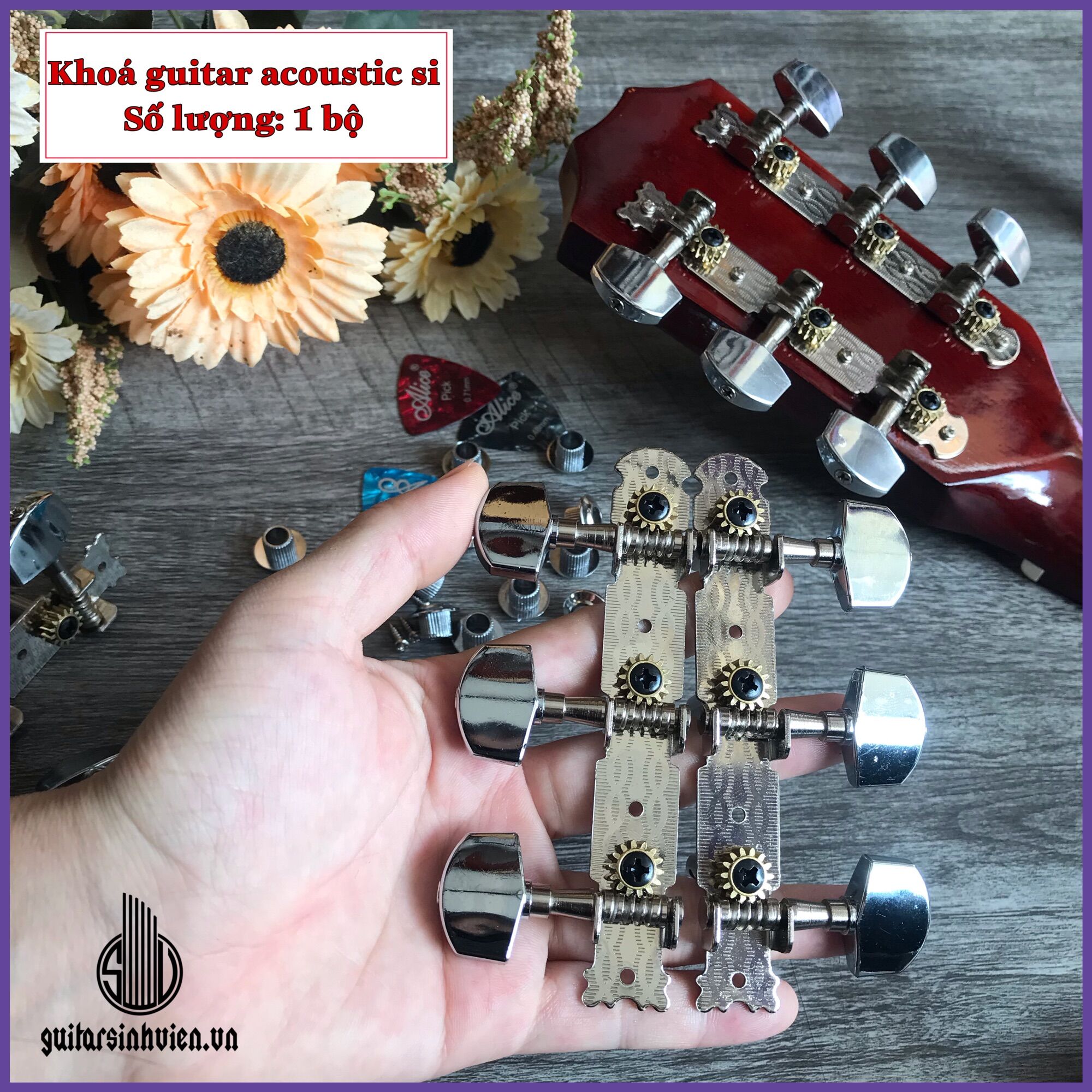 Khóa đàn guitar acoustic - Khóa si không rỉ tặng pick gãy Alice - Khóa chắc chắn dễ tháo lắp