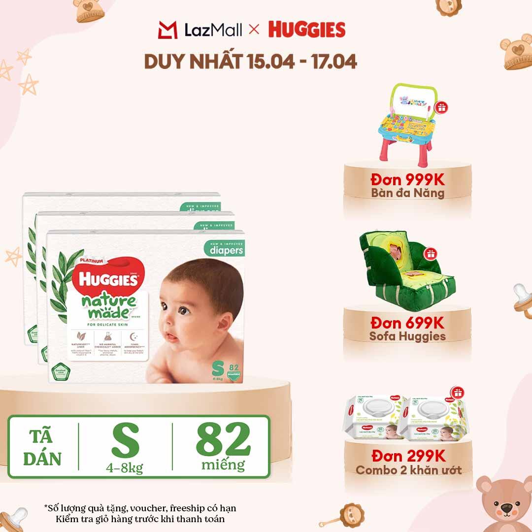 [CHỈ 18-24.04 QUÀ TẶNG ĐƠN 399K](Mua 1 tặng 1) Combo 3 Tã/Bỉm dán sơ sinh Huggies Platinum NatureMade S82 (4-8kg)-Gói Super Jumbo 82 miếng