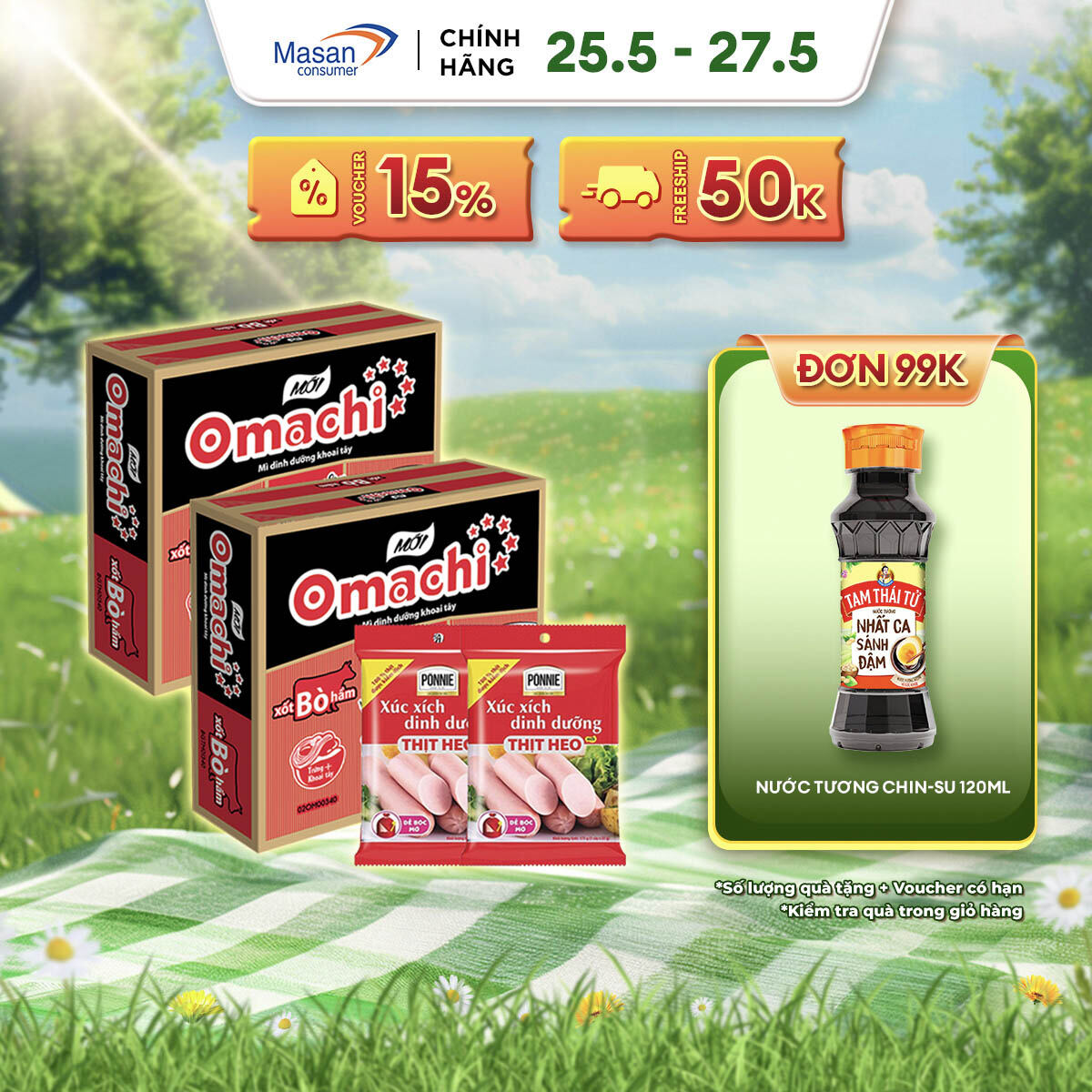 Combo 2 Thùng Omachi Xốt Bò Hầm Gói 80G + 2 Xúc Xích Tiệt Trùng Ponnie Vị Heo 70G