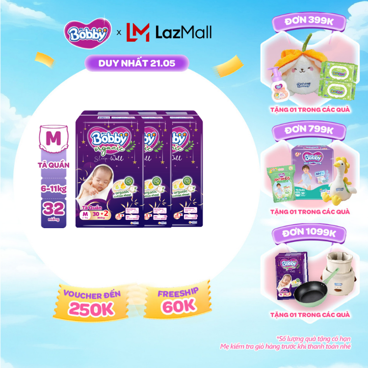[SALE CUỐI THÁNG tặng QUÀ TO-SLCH][Combo 3] [MỚI RA MẮT] [Tặng kèm 2 miếng] Tã Quần Cao Cấp Ban Đêm Bobby Organic Sleep Well  - Size M30+2