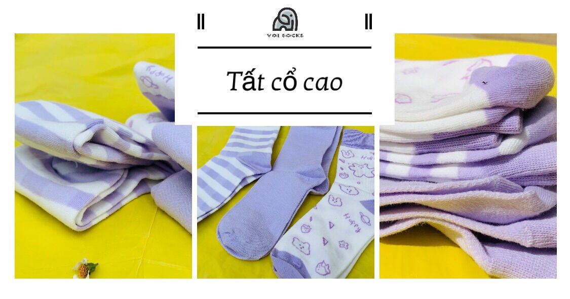 Tất cổ cao, vớ cổ cao nữ cotton màu tím họa tiết xinh xắn Hàn Quốc