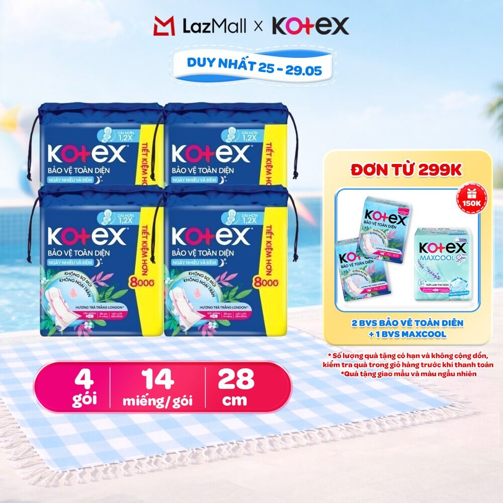Lốc 4 Gói băng vệ sinh Kotex Bảo Vệ Toàn Diện Ngày Nhiều và Đêm 28cm Siêu Mỏng Cánh 14 miếng/gói [Bao bì thay đổi theo từng đợt nhập hàng]