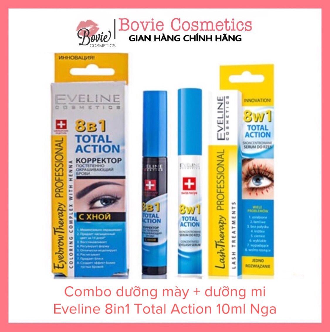 Combo dưỡng mày + dưỡng mi Eveline 8in1 Total Action 10ml Nga