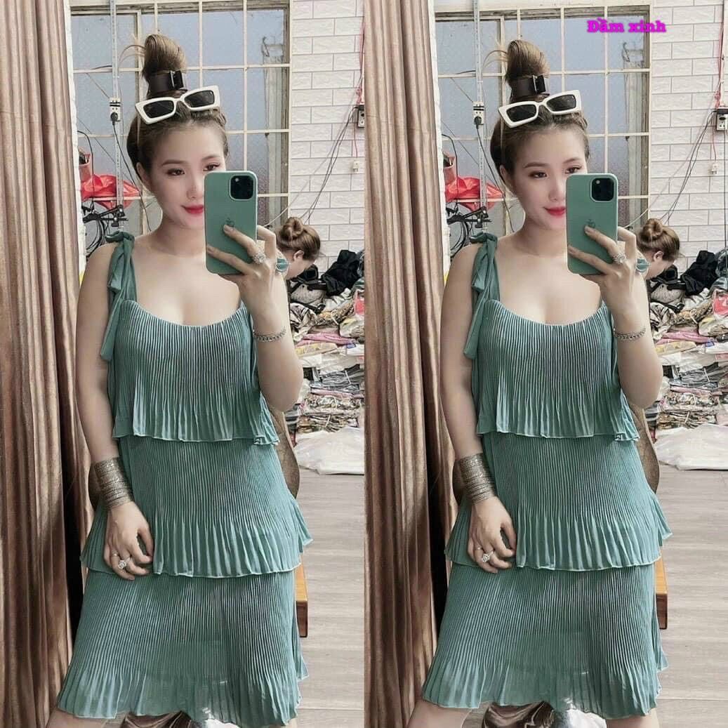 Đầm dập ly 3 tầng vải voan cột vai