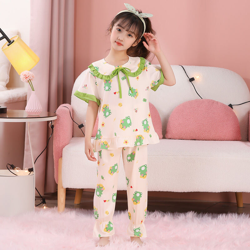 Bộ Đồ Ngủ Mùa Hè Cho Bé Gái Tay Ngắn Quần Dài Mỏng Họa Tiết Dâu Bông Hoạt Hình Đồ Ngủ Thoải Mái Cho 