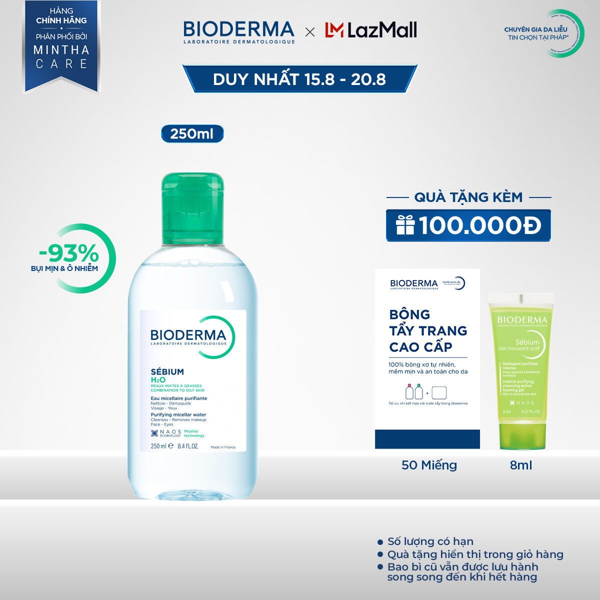 Dung dịch làm sạch và tẩy trang Micellar cho da hỗn hợp và da dầu Bioderma Sebium H2O - 250ml