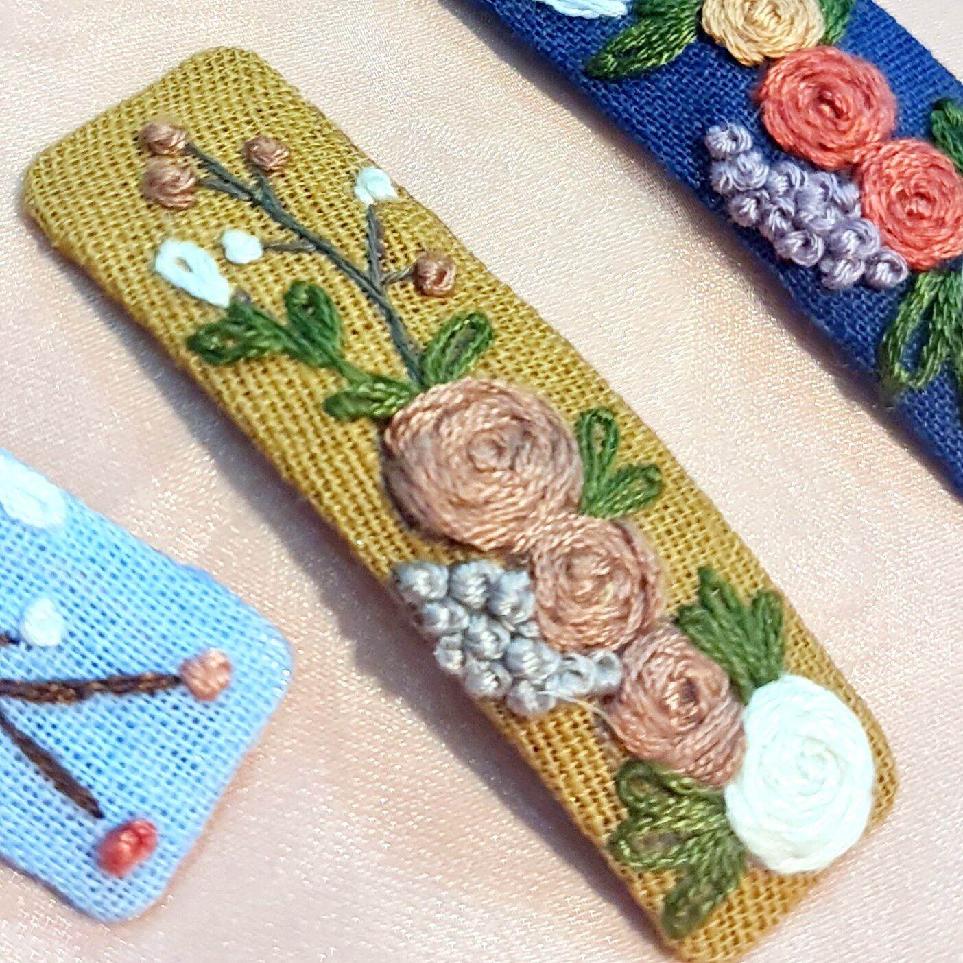 Kẹp tóc thêu tay thủ công họa tiết hoa hồng - pong embroidery