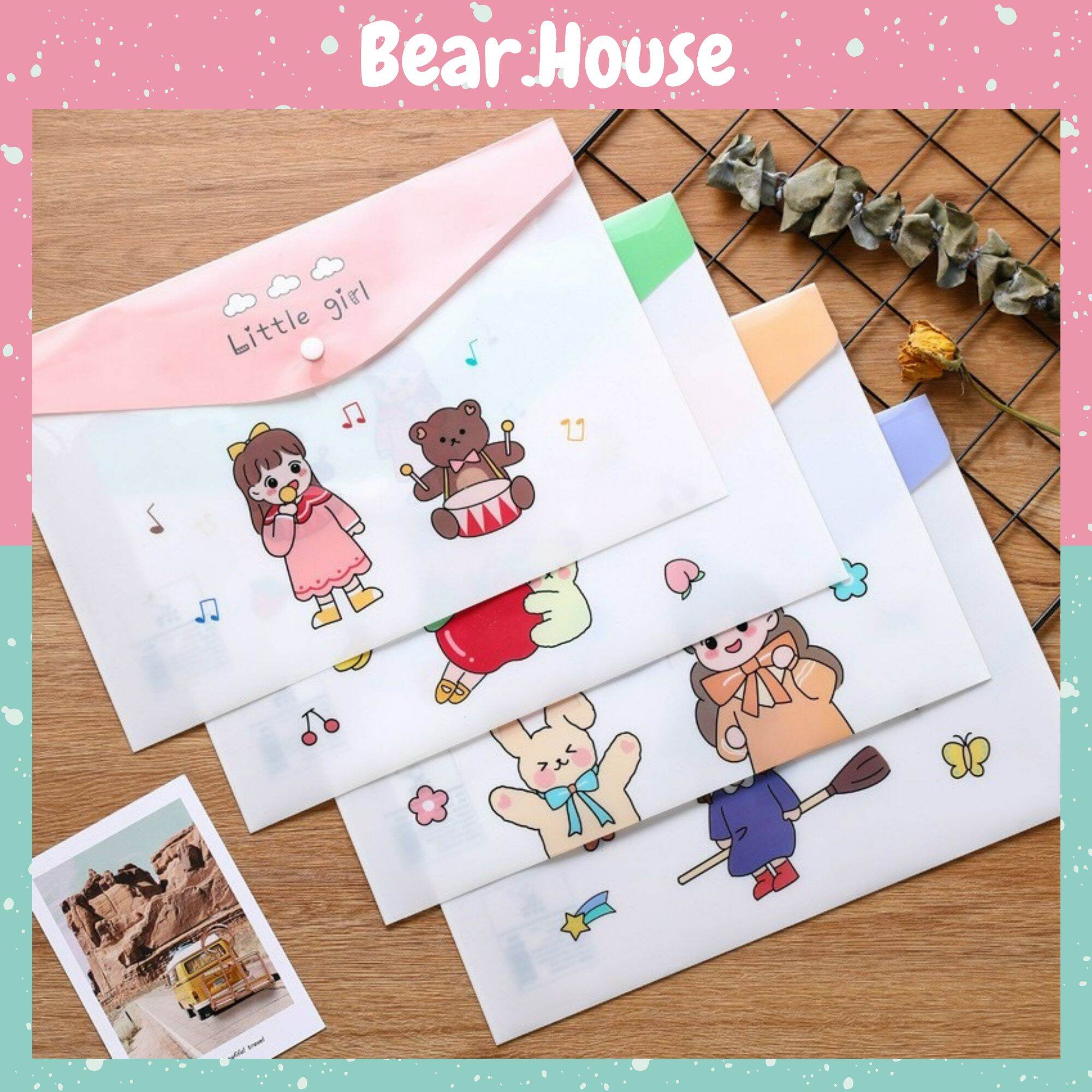 [HCM]Túi Đựng Tài Liệu Hồ Sơ A4 Bìa Sơ Mi Có Nút Họa Tiết Cô Gái Đáng Yêu Bear.House