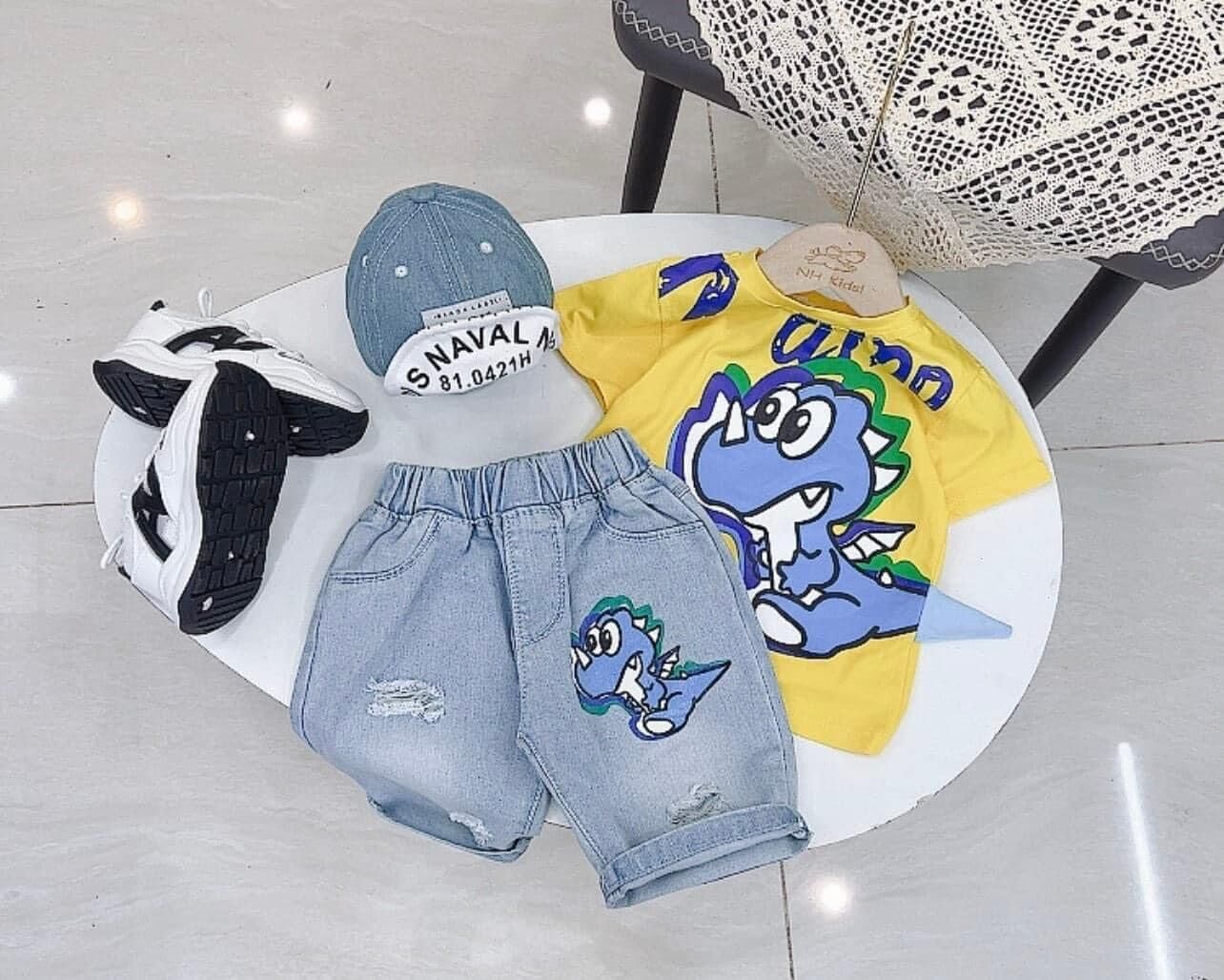 SALE set bộ bé trai áo thun quần jean in hình khủng long