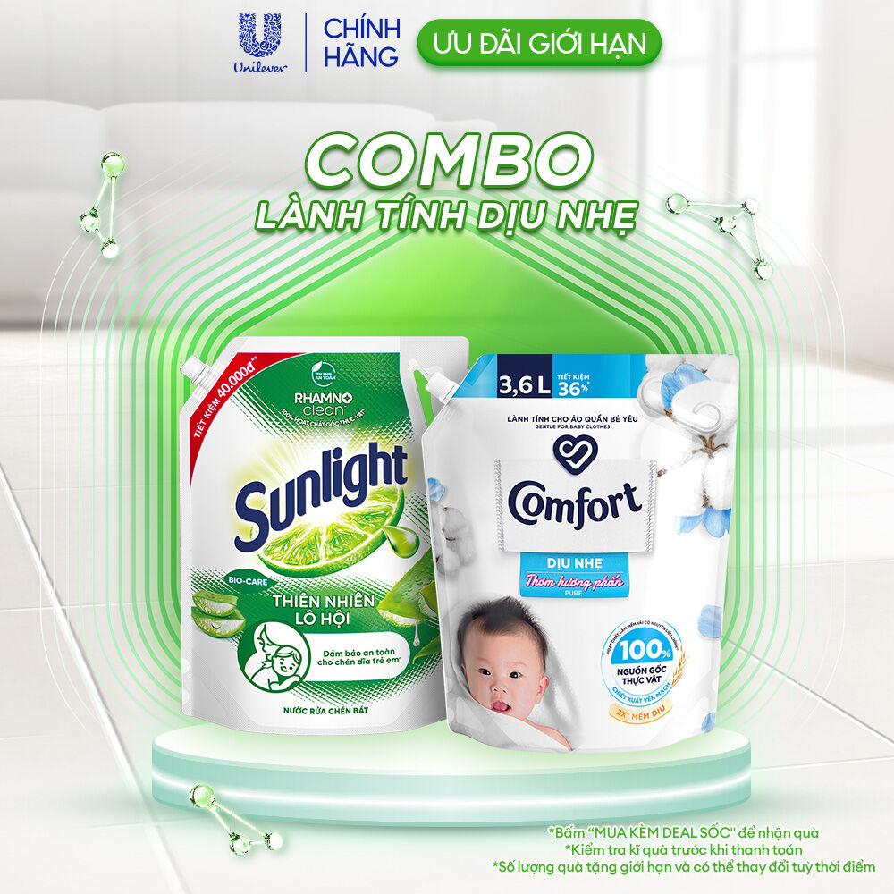 Combo Is Soft and Gentle |   Sunlight Aloe Vera Dishwashing Liquid 3.3kg Bag |   Comfort Fabric Softener Gentle and Fragrant Powder Bag 3.6L