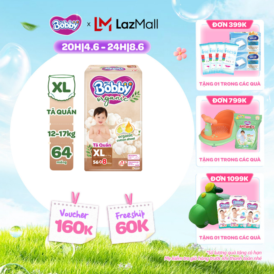 [QUÀ TẶNG HẤP DẪN TỪ 9-10.6][MỚI RA MẮT] [TẶNG KÈM 8 MIẾNG] Tã quần cao cấp Bobby Organic chăm sóc dịu nhẹ từ thiên nhiên XL56
